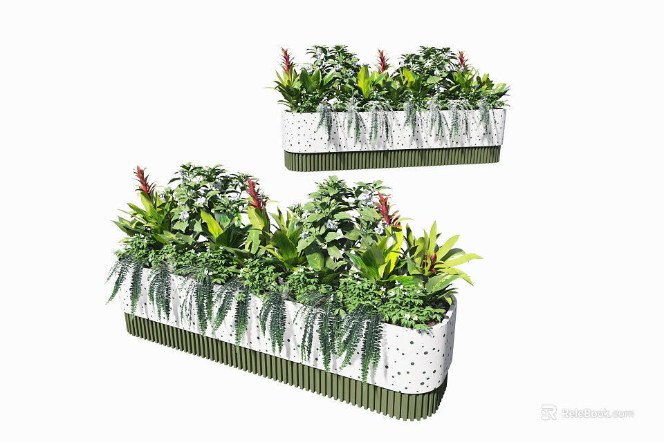 Colorful Bonsai Potted Plants in Rectangular White Dotted Containers with Green Edges and Mixed Greenery 3d model 