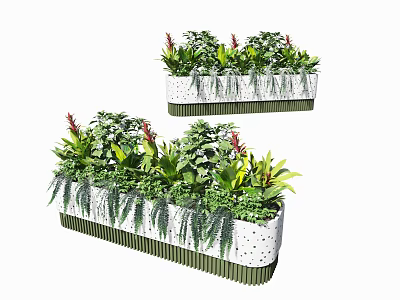 Colorful Bonsai Potted Plants in Rectangular White Dotted Containers with Green Edges and Mixed Greenery 3d model