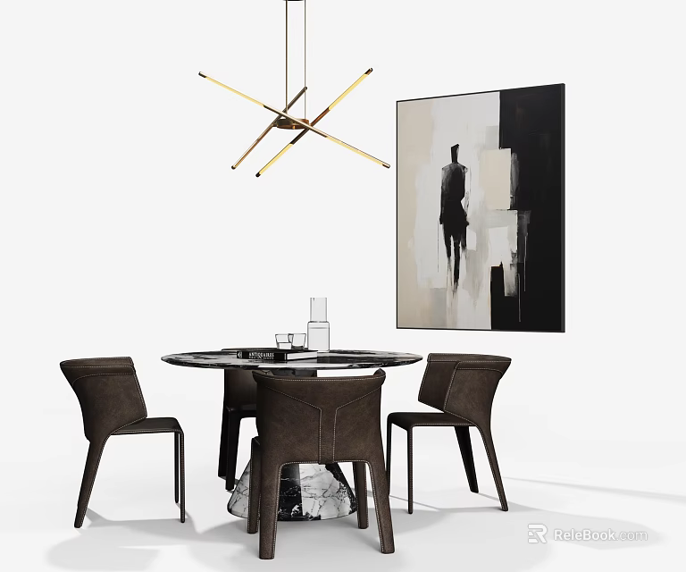Round Dining Table Set With Leather Chairs Modern Pendant Light And Abstract Wall Art 3d model