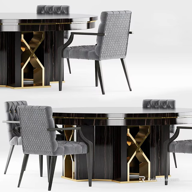 Elegant Modern Dining Table Set With Black Gold X Legs And Gray Tufted Chairs 3d model 