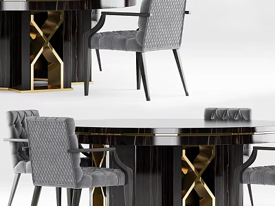 Elegant Modern Dining Table Set With Black Gold X Legs And Gray Tufted Chairs 3d model