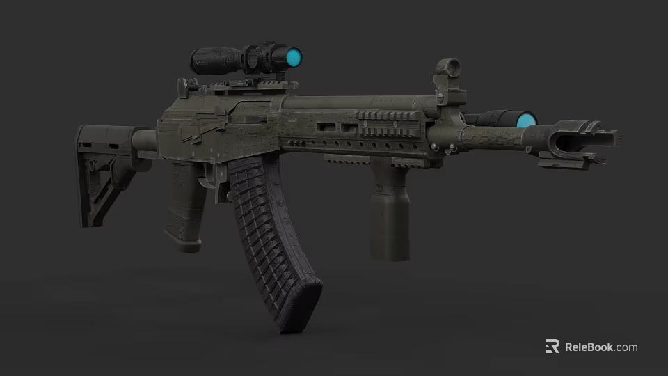 Tactical Military Rifle With Telescopic Sight And Blue Indicator Lights 3d model 