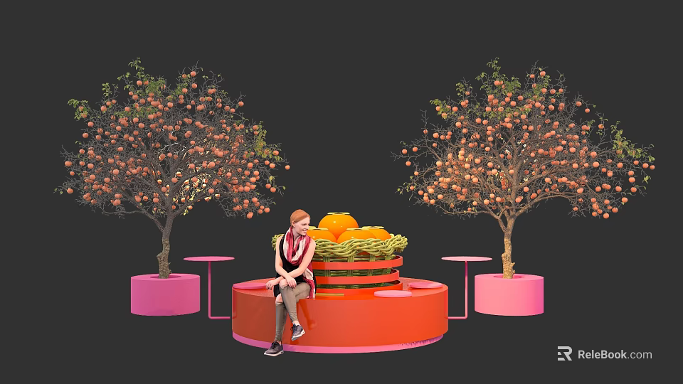 Instagrammable Photo Spot With Orange Fruit Trees Pink Planters And Red Circular Platform 3d model 