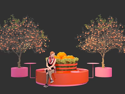Instagrammable Photo Spot With Orange Fruit Trees Pink Planters And Red Circular Platform 3d model