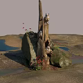 Majestic Owl Perched in Tree Hollow Surrounded by Rocks and Red Flowers