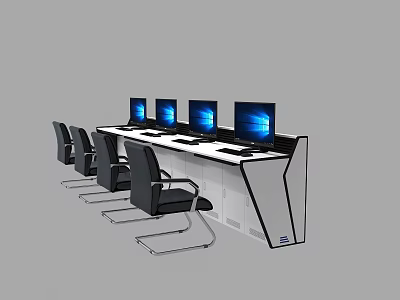 Modern Control Console Workstation With Multiple Lit Monitors And Office Chairs 3d model