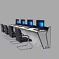 Modern Control Console Workstation With Multiple Lit Monitors And Office Chairs 3d model