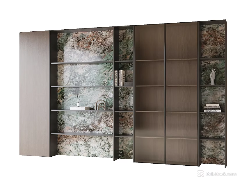 Modern Bookcase Interior Design With Marble Glass Shelves And Decorative Items 3d model 