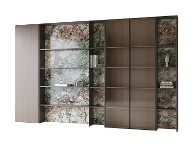 Modern Bookcase Interior Design With Marble Glass Shelves And Decorative Items 3d model