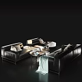 Black Leather Sofa Coffee Table Set With Pillows Table Lamp And Throw Blanket 3d model
