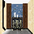 Elegant Elevator Corridor With Marble Walls Decorative Floor Chandelier And Doors