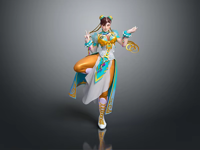 Colorful Female Character In Traditional Outfit With Phoenix Motifs And Graceful Lifted Leg Pose 3d model