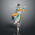 Colorful Female Character In Traditional Outfit With Phoenix Motifs And Graceful Lifted Leg Pose