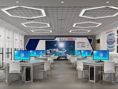 School Modern Computer Classroom With Multiple Computers Large Screen Desks And Chairs 3d model