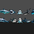 Aquatic Animals Sharks Showing Various Underwater Swimming Poses And Open Mouths