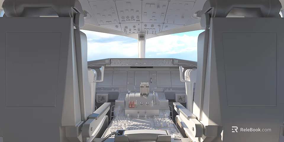Modern Aircraft Cockpit Interior With Instrument Panel Console Seats Sky And Clouds View 3d model 