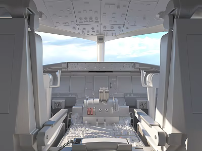 Modern Aircraft Cockpit Interior With Instrument Panel Console Seats Sky And Clouds View 3d model