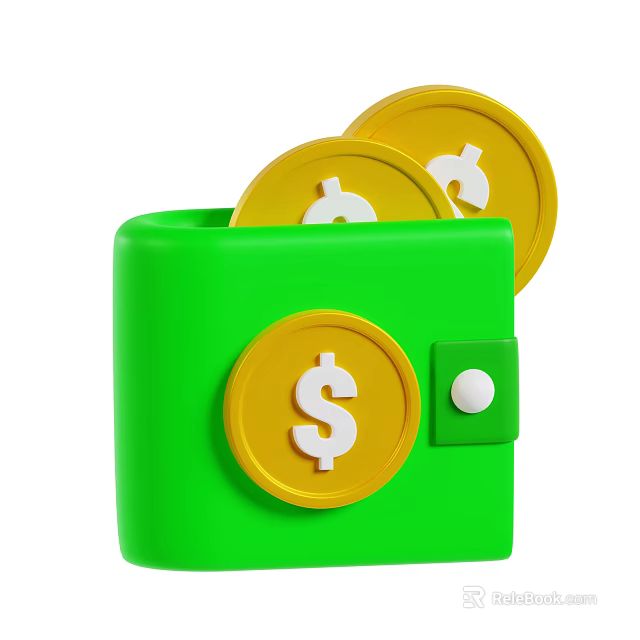 Unique Decorative Ornament Set with Green Wallet and Shiny Gold Coins 3d model 