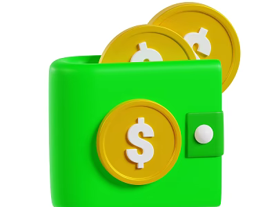 Unique Decorative Ornament Set with Green Wallet and Shiny Gold Coins 3d model