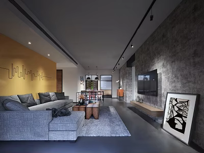 Modern Living Room With Gray Sofa Wooden Coffee Table Gray Rug TV And Decorative Painting 3d model