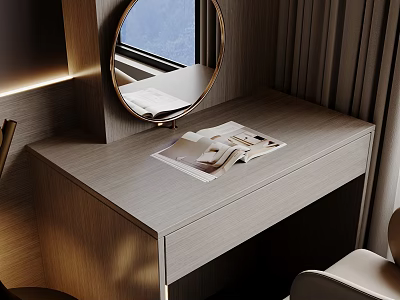 Modern Dressing Table With Round Mirror Showing Window View And Open Magazine On Wooden Surface 3d model