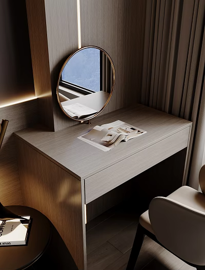 Modern Dressing Table With Round Mirror Showing Window View And Open Magazine On Wooden Surface 3d model