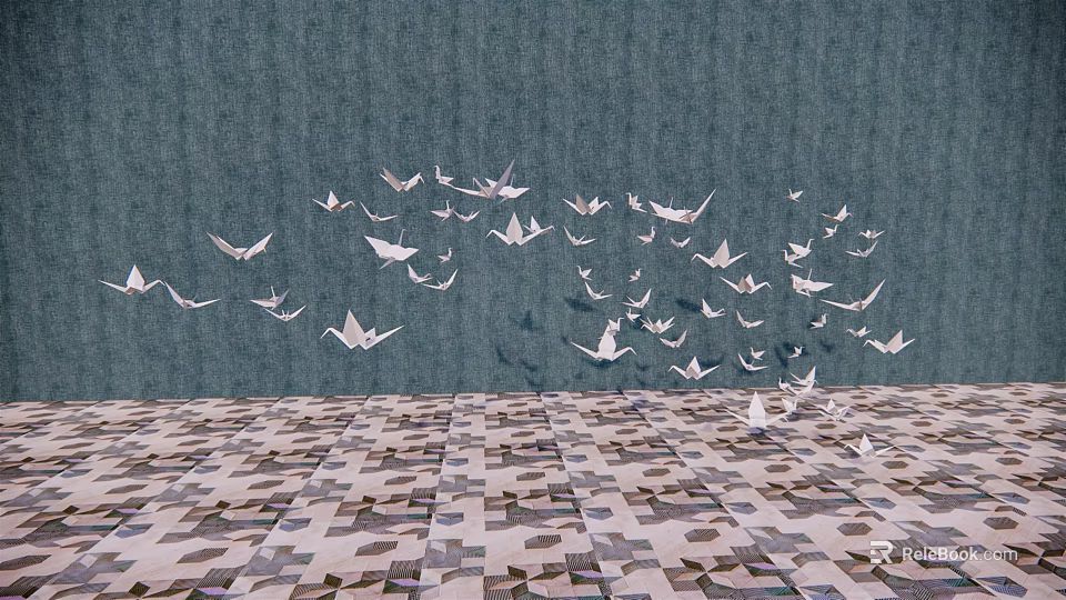 Decorative Ornament Set With White Paper Cranes Hanging On Dark Blue Wall And Patterned Tile Floor 3d model 
