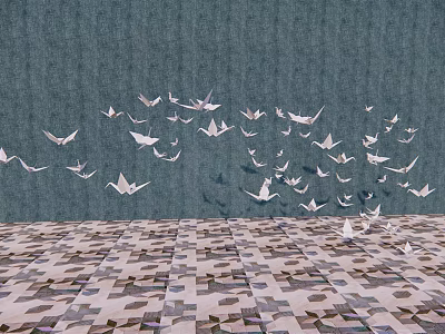 Decorative Ornament Set With White Paper Cranes Hanging On Dark Blue Wall And Patterned Tile Floor 3d model