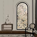 Botanical Painting in Arched Frame with Various Birds Flowers on Beige Wall and Woven Cabinet