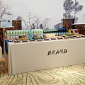 Elegant Brand Gourmet Display Table With Assorted Snacks Drinks And Landscape Backdrop