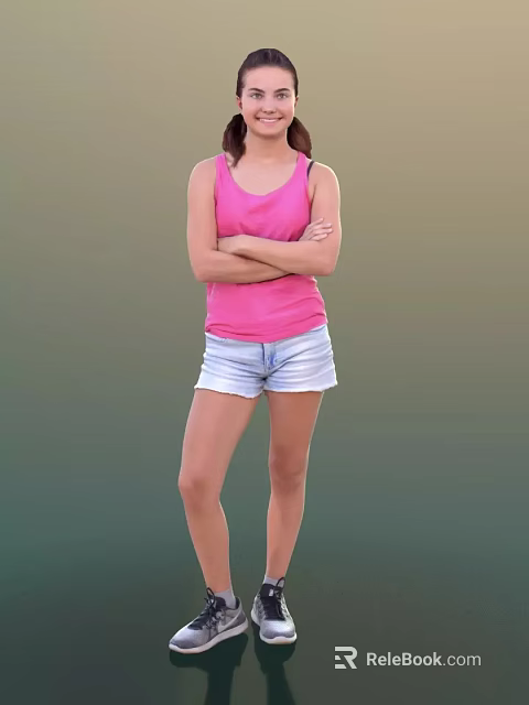 Woman in Pink Tank Top and White Denim Shorts with Arms Crossed Standing 3d model 