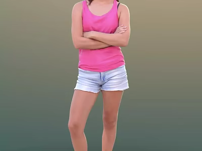 Woman in Pink Tank Top and White Denim Shorts with Arms Crossed Standing 3d model