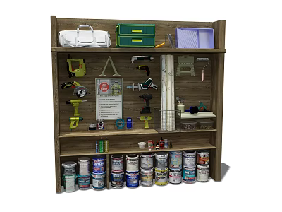 Hardware Tools Organized On Wooden Shelf With Power Drills Hammers And Paint Cans 3d model