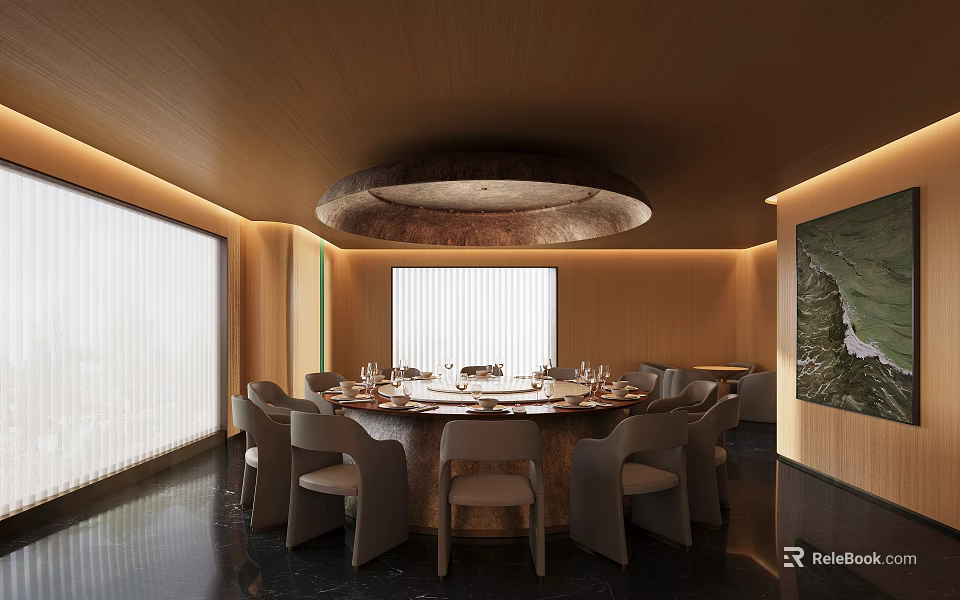Luxury Private Dining Room With Round Table Chairs And Chandelier 3d model