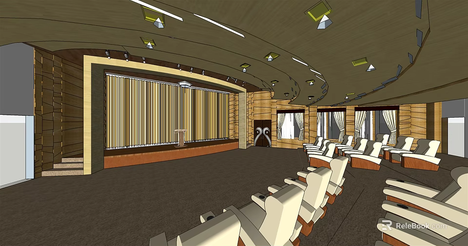 Modern Conference Room Interior With Curved Ceiling Wooden Panels White Seats And Ceiling Lights 3d model 