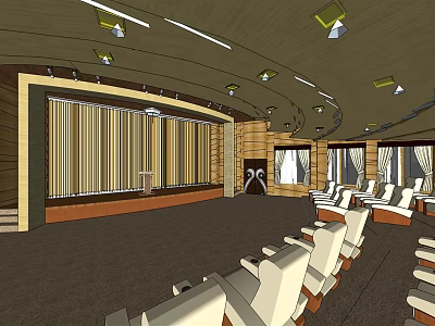 Modern Conference Room Interior With Curved Ceiling Wooden Panels White Seats And Ceiling Lights 3d model