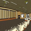 Modern Conference Room Interior With Curved Ceiling Wooden Panels White Seats And Ceiling Lights