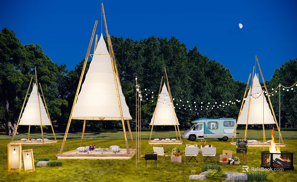 Night Garden Landscape With White Tipi Tents Green Trees Lawn And Light Blue Caravan 3d model 