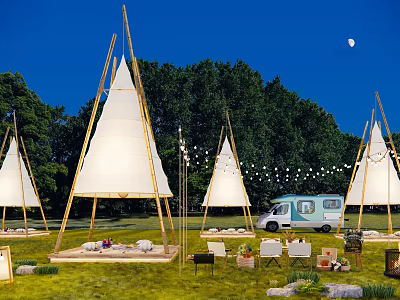 Night Garden Landscape With White Tipi Tents Green Trees Lawn And Light Blue Caravan 3d model