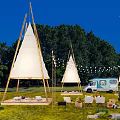 Night Garden Landscape With White Tipi Tents Green Trees Lawn And Light Blue Caravan
