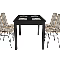 Black Square Dining Table Set With Four Rattan Chairs And Metal Legs