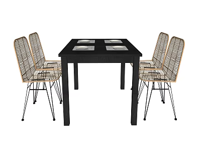 Black Square Dining Table Set With Four Rattan Chairs And Metal Legs 3d model