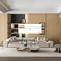 Modern Living Room Interior With Wooden Walls Beige Sofa Marble Coffee Table And Bookshelf