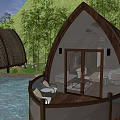 Tranquil Waterfront Bungalows With Thatched Roofs Green Hills And Sunset Sky