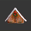 Festive Gingerbread House with White Frosting Roof Green Wreath Red Bow and Decorative Windows