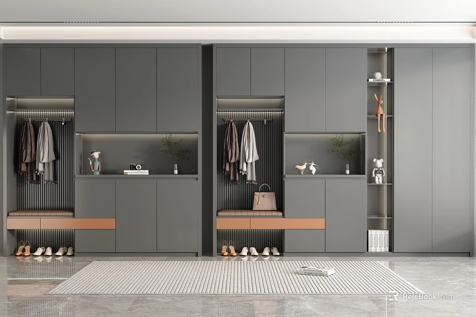 Modern Gray Shoe Cabinet Design With Coat Hanger Storage Drawers And Decorative Plants 3d model 