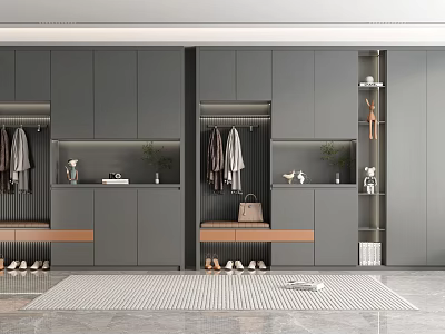Modern Gray Shoe Cabinet Design With Coat Hanger Storage Drawers And Decorative Plants 3d model