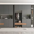 Modern Gray Shoe Cabinet Design With Coat Hanger Storage Drawers And Decorative Plants