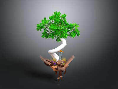 Artistic Bonsai Tree With Green Leaves White Curved Trunk Wooden Base And Small Bird Decoration 3d model