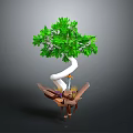 Artistic Bonsai Tree With Green Leaves White Curved Trunk Wooden Base And Small Bird Decoration